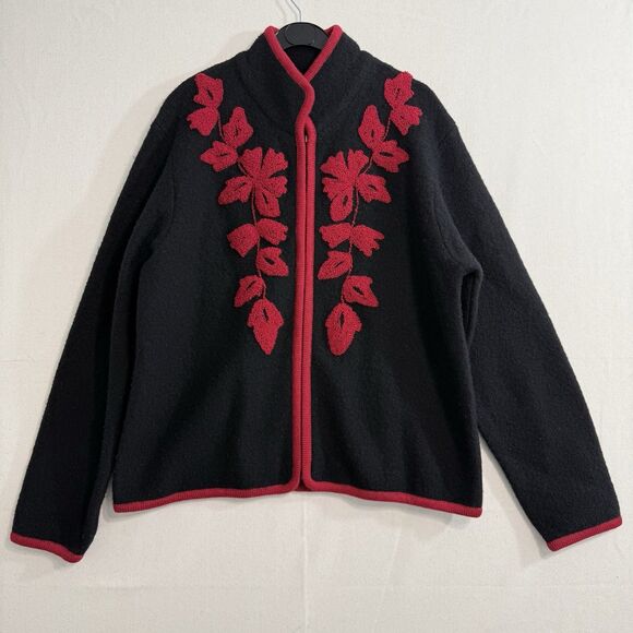 COLDWATER CREEK CARDIGAN SWEATER 100% WOOL SZ L BLACK EMBROIDERED RED FLORAL ZIP - Picture 1 of 9
